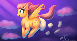 Size: 1200x643 | Tagged: safe, artist:mrscurlystyles, artist:xvisualkeix, fluttershy, g4, cloud, cloudy, female, flying, mail, solo