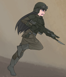 Size: 1280x1480 | Tagged: safe, artist:jonfawkes, octavia melody, human, g4, angry, bayonet, cadian shock troops, crossover, female, gun, helmet, humanized, imperial guard, lasgun, rifle, running, soldier, solo, warhammer (game), warhammer 40k, weapon, woman