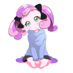 Size: 1000x1000 | Tagged: safe, artist:quizia, sweetie belle, human, g4, anime, clothes, cute, diasweetes, female, hoodie, humanized, looking at you, quizia is trying to murder us, skirt, solo, style emulation