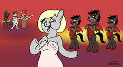 Size: 1092x592 | Tagged: safe, artist:brutamod, derpy hooves, oc, oc:brutamod, oc:catfood mcfly, oc:chocolate pony, pegasus, pony, g4, bass guitar, female, keytar, mare, mulp, music video, musical instrument, parody, youtube link