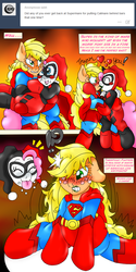 Size: 1601x3200 | Tagged: safe, artist:blackbewhite2k7, applejack, pinkie pie, earth pony, pony, g4, app-el, ask, comic, commission, cosplay, costume, crossover, dc comics, duo, female, fire, harley quinn, kiss on the lips, kissing, kryptonite, lesbian, lipstick, mare, pinkie quinn, prank, rescue, ship:applepie, shipping, superman, supermare, tongue out, tumblr