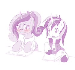 Size: 1176x1100 | Tagged: safe, artist:dstears, princess cadance, shining armor, g4, blushing, book, clothes, glasses, high school cadance, monochrome, reading, sweater