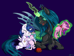 Size: 1523x1157 | Tagged: safe, artist:sorcerushorserus, princess cadance, princess celestia, queen chrysalis, oc, oc:pharomona, alicorn, changeling, changeling queen, changepony, hybrid, pony, unicorn, g4, alicorn oc, belly button, blue background, blushing, cadance plushie, celestia plushie, crossbreed, cute, cutealis, doll, eyes closed, family, female, filly, foal, happy, hug, implied shining chrysalis, interspecies offspring, levitation, magic, mommy chrissy, mother and daughter, needle, next generation, ocbetes, offspring, parent:queen chrysalis, parent:shining armor, parents:shining chrysalis, pincushion, plushie, prone, simple background, sitting, smiling, telekinesis, toy, voodoo doll
