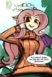 Size: 750x1125 | Tagged: safe, artist:lumineko, discord, fluttershy, human, g4, 30 minute art challenge, akanbe, character to character, clothes, dialogue, disguise, fangs, humanized, looking at you, open mouth, solo, speech bubble, sweater, sweatershy, transformation, x was discord all along