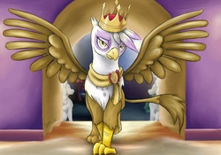 Size: 1024x717 | Tagged: safe, artist:missymeghan3, gilda, griffon, g4, clothes, colored, crown, female, neckerchief, neckerchief slide, pin button, queen, queen gilda, royal neckerchief, royal neckerchief slide, royal pin button, royal scarf, scarf, solo, spread wings, wings