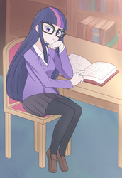 Size: 1280x1862 | Tagged: safe, artist:jonfawkes, sci-twi, twilight sparkle, human, g4, accessory swap, adorkable, book, clothes, commission, cute, dork, female, glasses, humanized, library, looking at you, open mouth, reading, school uniform, schoolgirl, solo