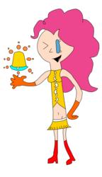 Size: 1136x1971 | Tagged: safe, artist:megablaster7, pinkie pie, human, g4, bell, belly, belly button, clothes, female, humanized, midriff, outfit, pac-man, simple background, skirt, solo, transparent background