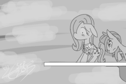Size: 750x500 | Tagged: safe, artist:liracrown, fluttershy, rainbow dash, g4, diving board, evening, grayscale, monochrome, pushing, rump push, scared, simple background