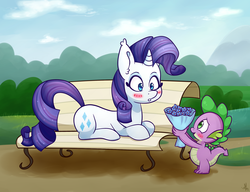 Size: 3000x2300 | Tagged: safe, artist:gumlball, rarity, spike, pony, g4, :o, bench, blushing, bouquet, colored pupils, cute, eye contact, female, flower, high res, looking at each other, male, park, prone, ship:sparity, shipping, smiling, straight, surprised, wide eyes