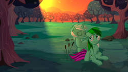 Size: 3840x2160 | Tagged: safe, artist:szinthom, lyra heartstrings, oc, oc:rico, pony, unicorn, g4, biting, blushing, canon x oc, ear bite, female, high res, love, male, shipping, stallion, straight, sunset