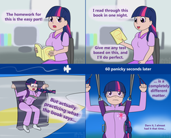 Size: 1604x1298 | Tagged: safe, artist:phallen1, twilight sparkle, human, g4, air ponyville, alternate hairstyle, book, braid, clothes, comic, goggles, humanized, jumpsuit, newbie artist training grounds, parachute, plane, skydiving