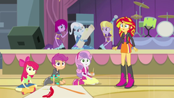 Size: 1280x720 | Tagged: safe, screencap, apple bloom, fuchsia blush, lavender lace, scootaloo, sunset shimmer, sweetie belle, trixie, equestria girls, g4, my little pony equestria girls: rainbow rocks, background human, boots, cutie mark crusaders, female, shoes, trixie and the illusions