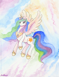 Size: 3203x4142 | Tagged: safe, artist:draltruist, princess celestia, alicorn, pony, g4, female, horn, solo, spread wings, spreading, traditional art, wing spreading, wings