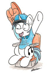 Size: 1063x1551 | Tagged: safe, artist:bobthedalek, dj pon-3, vinyl scratch, pony, unicorn, g4, baseball cap, clothes, epic wife tossing, female, foam finger, hat, shirt, solo, traditional art