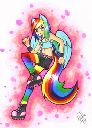 Size: 2292x3182 | Tagged: safe, artist:nana-yuka, rainbow dash, human, g4, belly button, clothes, cutie mark necklace, eared humanization, female, high res, humanized, midriff, roller skates, rollerblades, solo, sports bra, tailed humanization, winged humanization