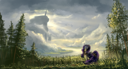 Size: 2035x1100 | Tagged: dead source, safe, artist:shamanguli, princess luna, tantabus, do princesses dream of magic sheep, g4, crepuscular rays, forest, lake, mountain, scenery, tree