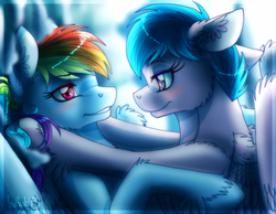 Size: 900x700 | Tagged: safe, artist:inuhoshi-to-darkpen, firefly, rainbow dash, pegasus, pony, comic:dash academy, g1, g4, female, g1 to g4, generation leap, lesbian, looking at each other, mare, ship:dashfly, shipping, unshorn fetlocks