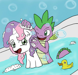 Size: 798x770 | Tagged: artist needed, safe, spike, sweetie belle, g4, bath, bathing, bathtub, bubble, female, male, ship:spikebelle, shipping, straight