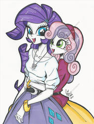 Size: 1205x1574 | Tagged: safe, artist:ponygoddess, rarity, sweetie belle, equestria girls, g4, hug, hug from behind, sisters, traditional art, watermark