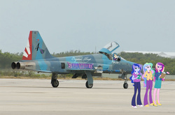 Size: 1050x692 | Tagged: safe, dean cadance, indigo zap, princess cadance, princess celestia, princess luna, principal celestia, vice principal luna, equestria girls, g4, my little pony equestria girls: friendship games, equestria girls in real life, f-5 tiger ii, fanfic, jet fighter, photoshop