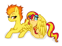 Size: 1280x960 | Tagged: safe, artist:suenden-hund, spitfire, sunset shimmer, pegasus, pony, unicorn, g4, blushing, concave belly, crack shipping, duo, female, goggles, hug, lesbian, looking up, mare, shipping, simple background, sunfire, thin, transparent background, winghug