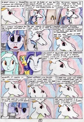 Size: 2322x3395 | Tagged: safe, artist:40kponyguy, derpibooru exclusive, fluttershy, lyra heartstrings, princess celestia, rarity, twilight sparkle, alicorn, pony, 40kponyguy's the staff of aurelian, g4, comic, high res, traditional art, twilight sparkle (alicorn)