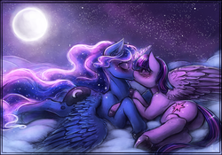 Size: 2560x1792 | Tagged: safe, artist:bantha, princess luna, twilight sparkle, alicorn, pony, g4, blushing, butt, cloud, cloudy, cute, duo, eyes closed, female, horn, horns are touching, kiss on the lips, kissing, lesbian, magic, mare, missing accessory, moon, night, on side, plot, prone, ship:twiluna, shipping, sky, spread wings, twibutt, twilight sparkle (alicorn), underhoof, unshorn fetlocks, wallpaper