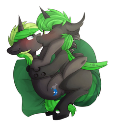 Size: 1453x1537 | Tagged: safe, artist:oddends, oc, oc only, oc:azure slash, oc:ciardite, changeling, pony, unicorn, blushing, changeling oc, eye contact, gay, green changeling, hug, kissing, looking at each other, male