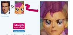 Size: 1174x567 | Tagged: safe, artist:plymouthdodgewrecks, scootaloo, human, hybrid, g4, arnold schwarzenegger, fusion, irl, irl human, meme, morph, morphing, morphthing, nightmare fuel, photo, wat, we have become one, what has science done
