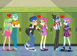 Size: 1024x748 | Tagged: safe, artist:themexicanpunisher, brawly beats, flash sentry, lemon zest, ringo, sour sweet, sunny flare, equestria girls, g4, my little pony equestria girls: friendship games, ankle socks, background human, canterlot high, clothes, crystal prep academy uniform, dress, female, flash drive (band), frilly socks, high heels, kneesocks, male, mary janes, school uniform, ship:ringoflare, ship:zestybeats, shipping, shoes, skirt, socks, sour sentry, straight