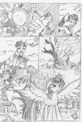 Size: 1947x2892 | Tagged: dead source, safe, artist:jklrxdk, owlowiscious, twilight sparkle, alicorn, pony, g4, angry, comic, female, golden oaks library, mare, monochrome, scene interpretation, spread wings, traditional art, twilight sparkle (alicorn)