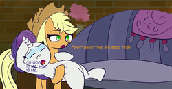 Size: 1920x996 | Tagged: safe, artist:neoink, applejack, rarity, g4, made in manehattan, applejack is not amused, applejack's damaged hat, couch, crying, faint, female, lesbian, marshmelodrama, ship:rarijack, shipping