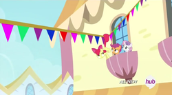 Size: 851x471 | Tagged: safe, screencap, apple bloom, scootaloo, sweetie belle, for whom the sweetie belle toils, g4, cutie mark crusaders, hub logo, prehensile tail, the hub, zip line