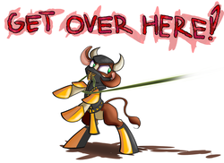 Size: 1370x1000 | Tagged: safe, artist:heir-of-rick, arizona (tfh), cow, pony, them's fightin' herds, bipedal, clothes, community related, cosplay, costume, dialogue, female, mortal kombat, scorpion (mortal kombat), simple background, solo, white background