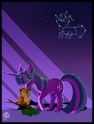 Size: 600x793 | Tagged: safe, artist:unibat, owlowiscious, twilight sparkle, bird, owl, pony, unicorn, g4, constellation, eyes closed, female, mare, purple background, simple background, unicorn twilight