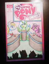 Size: 781x1023 | Tagged: safe, artist:foxbeast, idw, oc, oc only, oc:atsuki, oc:dreams, oc:jugs, alicorn, pegasus, pony, unicorn, comic cover, game show, traditional art