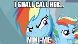 Size: 720x405 | Tagged: safe, rainbow dash, scootaloo, g4, austin powers, austin powers: the spy who shagged me, double rainbow, dr. evil, image macro, meme, mini-me, mini-me (austin powers), rainbow grinch, self adoption