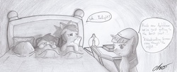 Size: 1957x800 | Tagged: safe, artist:moonlightscribe, apple bloom, scootaloo, sweetie belle, twilight sparkle, g4, bed, book, cutie mark crusaders, dialogue, hat, monochrome, newbie artist training grounds, nightcap, traditional art