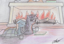 Size: 678x473 | Tagged: safe, artist:moonlightscribe, trixie, twilight sparkle, pony, unicorn, g4, female, fireplace, lesbian, mare, newbie artist training grounds, ship:twixie, shipping, traditional art