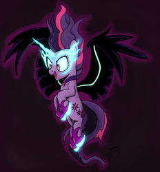 Size: 2100x2260 | Tagged: safe, artist:brisineo, sci-twi, twilight sparkle, equestria girls, g4, my little pony equestria girls: friendship games, corrupted twilight sparkle, equestria girls ponified, evil smile, evil twilight, female, flying, glowing eyes, high res, magic aura, midnight sparkle, ponified, simple background, solo