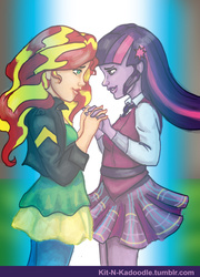 Size: 1280x1778 | Tagged: safe, artist:kit-n-kadoodle, sci-twi, sunset shimmer, twilight sparkle, equestria girls, g4, my little pony equestria girls: friendship games, clothes, female, holding hands, lesbian, let me show you another way, ship:sci-twishimmer, ship:sunsetsparkle, shipping