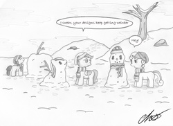 Size: 1877x1363 | Tagged: safe, artist:moonlightscribe, apple bloom, scootaloo, sweetie belle, g4, cutie mark crusaders, dialogue, monochrome, newbie artist training grounds, snowman, snowmare, snowpony, traditional art, winter