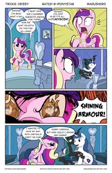 Size: 1000x1545 | Tagged: safe, artist:wadusher0, princess cadance, queen chrysalis, shining armor, twilight sparkle, alicorn, pony, unicorn, g4, bait and switch, bed, bedroom, bisexual, comic, death stare, female, implied group sex, implied sex, implied threesome, kissing, lesbian, male, mare, polygamy, shining armor gets all the mares, ship:cadalis, ship:chrysarmordance, ship:shining chrysalis, shipping, stallion, straight, wink