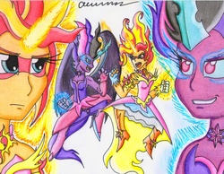 Size: 1637x1269 | Tagged: safe, artist:the1king, sci-twi, sunset shimmer, twilight sparkle, equestria girls, g4, my little pony equestria girls: friendship games, daydream shimmer, midnight sparkle, traditional art