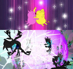 Size: 636x602 | Tagged: safe, screencap, changeling, a canterlot wedding, g4, adventure time, dream of love, male, mr. pig, tree trunks