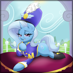 Size: 6667x6667 | Tagged: safe, artist:thebrokencog, trixie, pony, unicorn, g4, absurd resolution, clothes, dock, female, looking at you, mare, prone, sgt. trixie, shoes, smiling, smug, solo, uniform