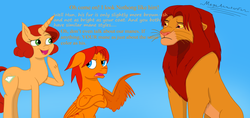 Size: 5392x2550 | Tagged: safe, artist:megaanimationfan, oc, oc:goldenfox, oc:keyframe, crossover, disney, disney style, goldenkey, signature, simba, style emulation, the lion king, wing hands