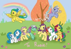 Size: 1057x729 | Tagged: safe, artist:altaira7vn, fifi, glow (g1), lemon drop, masquerade (g1), posey, salty (g1), tic tac toe (g1), windy (g1), pony, g1, g3, flying, g1 to g3, generation leap, rainbow, summer wing ponies
