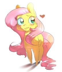 Size: 555x642 | Tagged: safe, artist:lunarmarshmallow, derpibooru exclusive, fluttershy, g4, blushing, female, fluffy, heart, looking back, simple background, smiling, solo, white background
