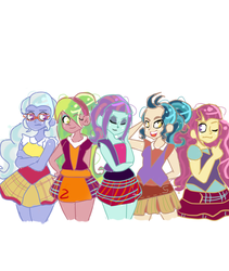 Size: 760x901 | Tagged: safe, artist:pandanx12, indigo zap, lemon zest, sour sweet, sugarcoat, sunny flare, ask the shadowbolts, equestria girls, g4, my little pony equestria girls: friendship games, alternate clothes, alternate hairstyle, clothes, crossed arms, eyes closed, female, glasses, hair over one eye, hand on hip, one eye closed, shadow five, simple background, skirt, white background, wink